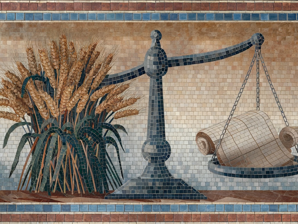 A photorealistic ancient Roman-style mosaic with a balance scale. One side of the scale holds a cluster of golden wheat sheaves, while the other side holds an ivory scroll with tally lines. The wheat is textured in rust orange and deep green tesserae, while the scroll is crafted from ivory tesserae. The balance scale is adorned with slate grey tesserae. The background features a soft tan mosaic gradient with blue glass tesserae in the corners. A Roman-inspired border in rust orange, ivory, and blue tesserae frames the scene.
